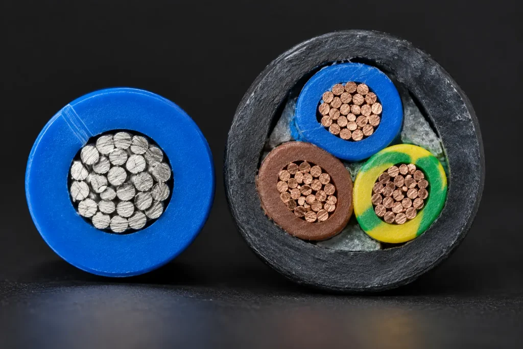 Macro comparison of a UL 1015 internal power lead and an external appliance mains cord construction
