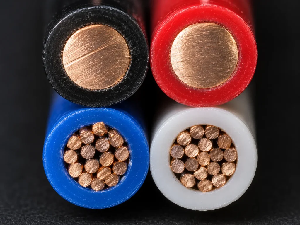 Macro view of UL 1015 PVC hook-up wire cut ends showing both solid and stranded conductor forms