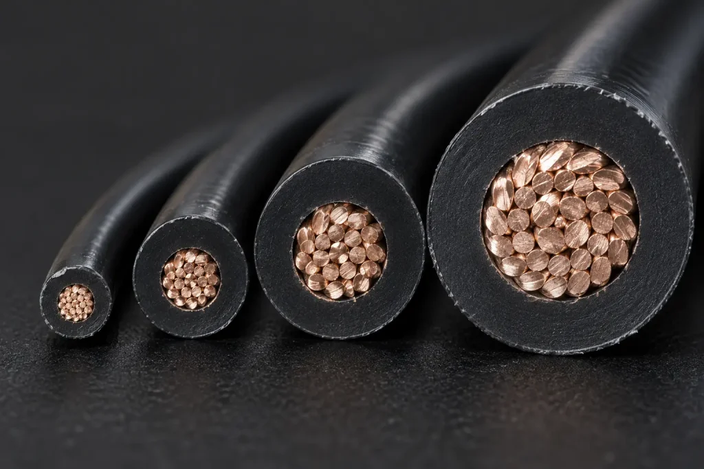 Macro comparison of UL 1015 conductors from different size groups showing increasing PVC insulation wall