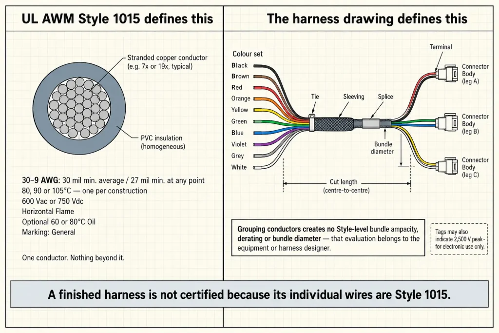 Diagram separating the UL 1015 single-conductor scope from harness assembly elements such as colour set, ties, terminals and bundle geometry