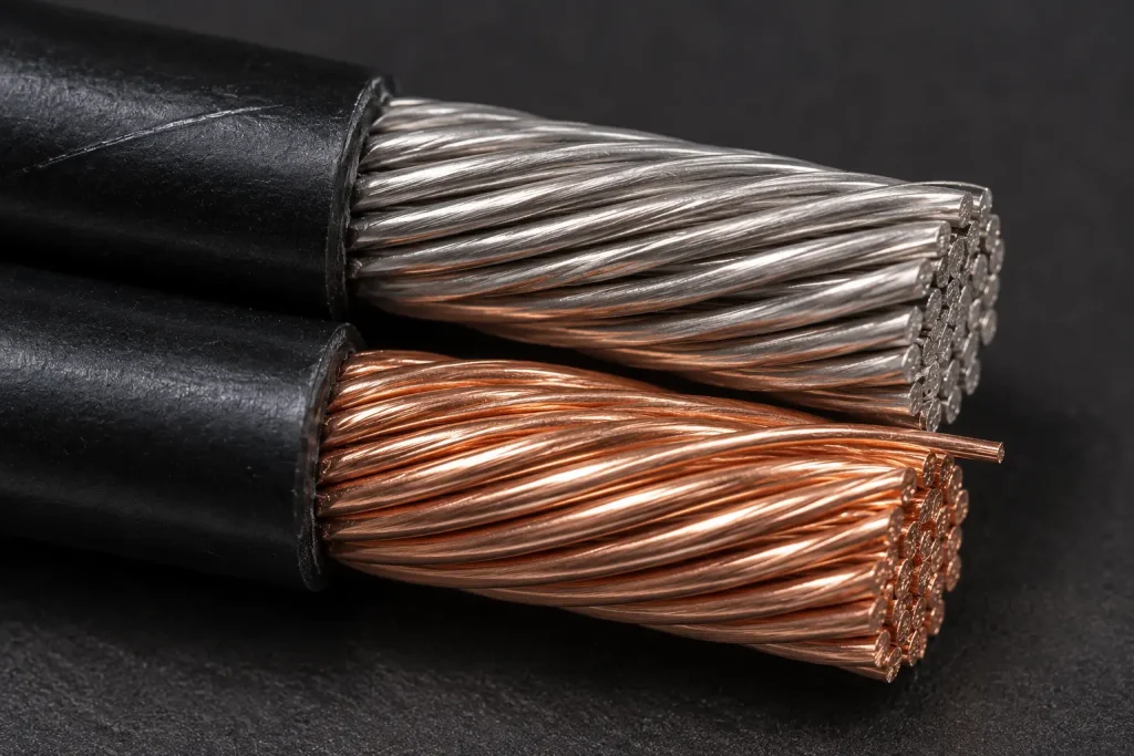 Macro comparison of a tinned conductor surface and a bare conductor surface beneath identical PVC insulation