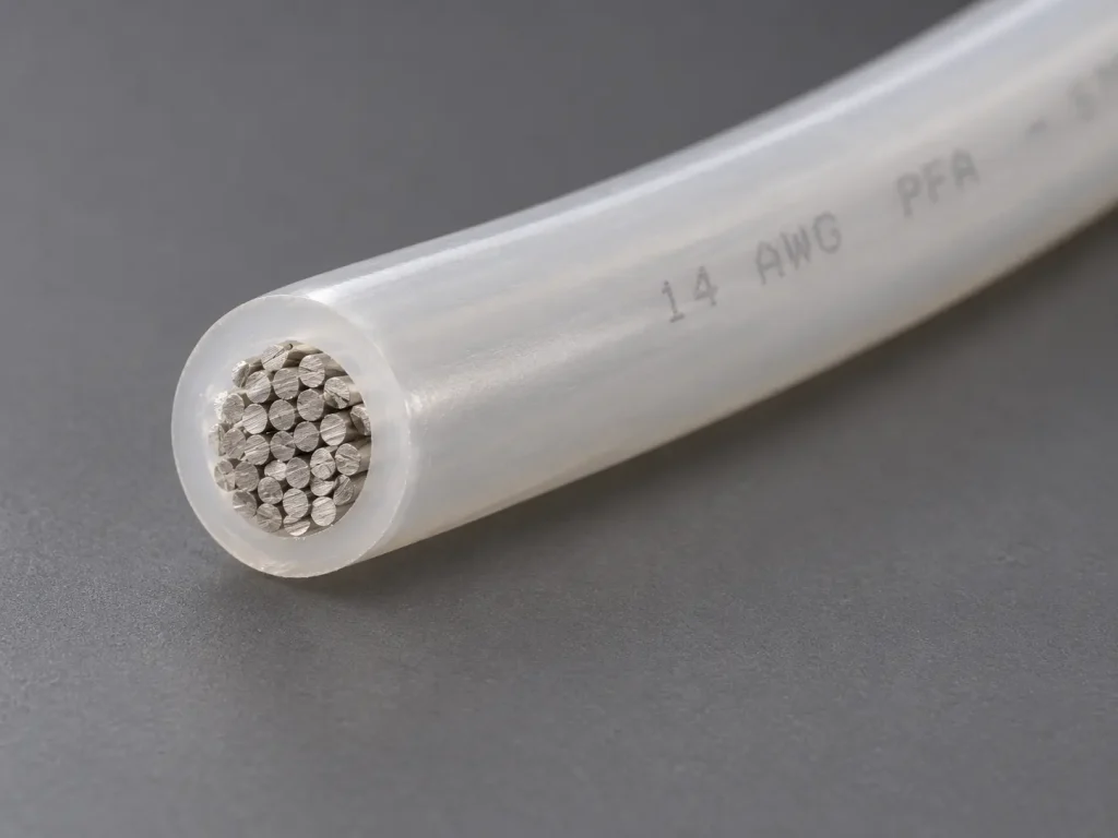 Macro cross-section of UL 10362 14 AWG PFA wire showing stranded conductor and extruded PFA wall