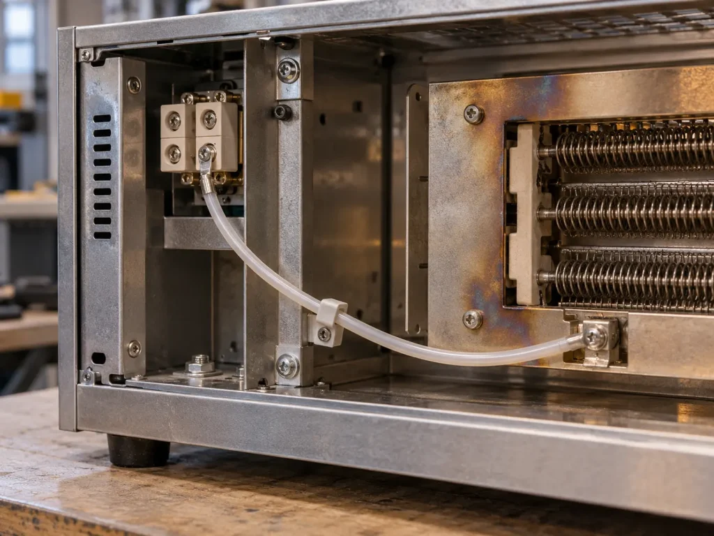 UL 10362 14 AWG PFA wire routed as internal lead connection inside industrial heater equipment