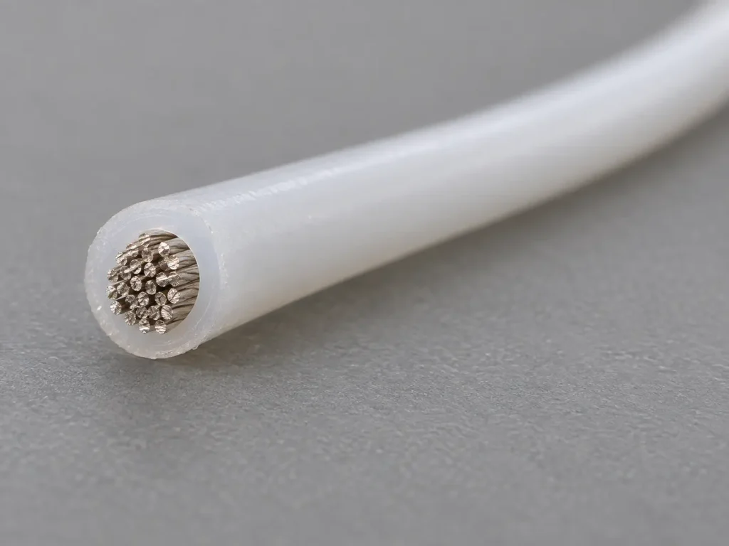 Macro cross-section of UL 10362 24 AWG PFA wire showing fine stranded conductor and thin extruded PFA wall