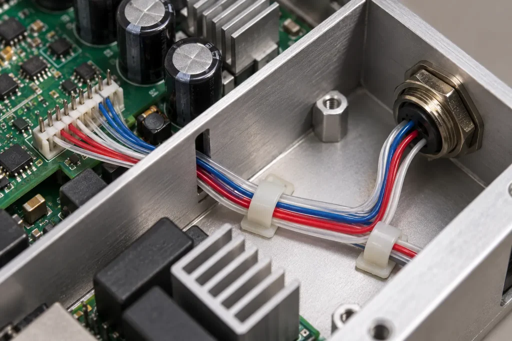 UL 10362 PFA wire routed through a space-constrained internal path in a compact electrical assembly