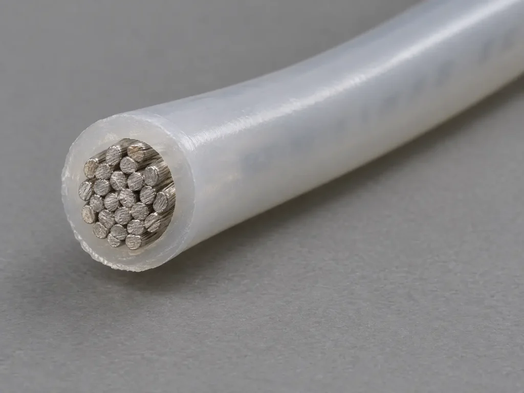 Macro cross-section of UL 10362 PFA wire showing stranded conductor and extruded PFA insulation wall
