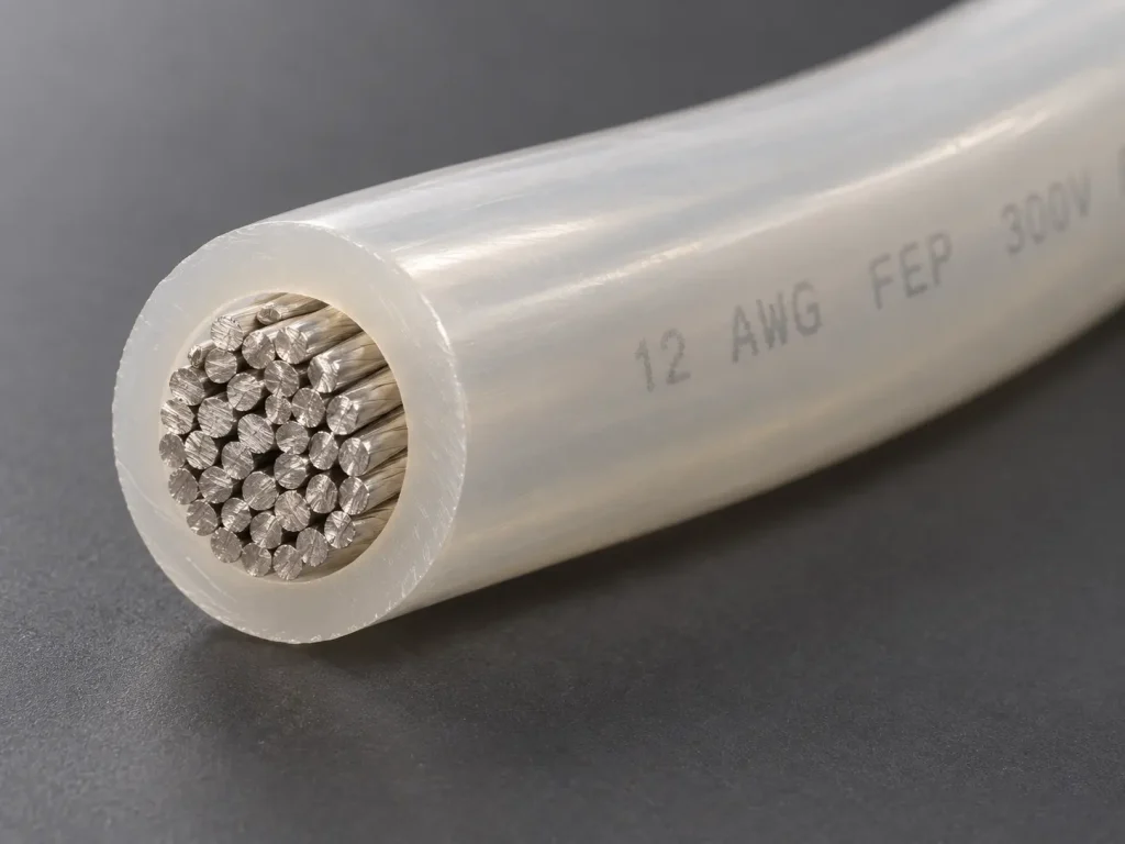 Macro cross-section of UL 1332 12 AWG FEP wire showing stranded conductor and extruded FEP wall