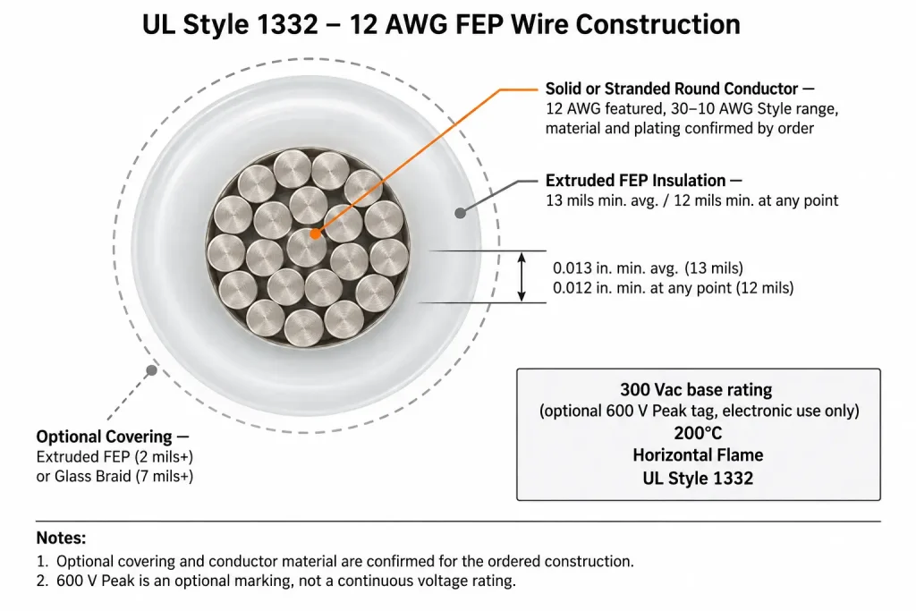 UL Style 1332 12 AWG FEP wire cross-section diagram showing conductor, 13 mil FEP insulation, and optional covering
