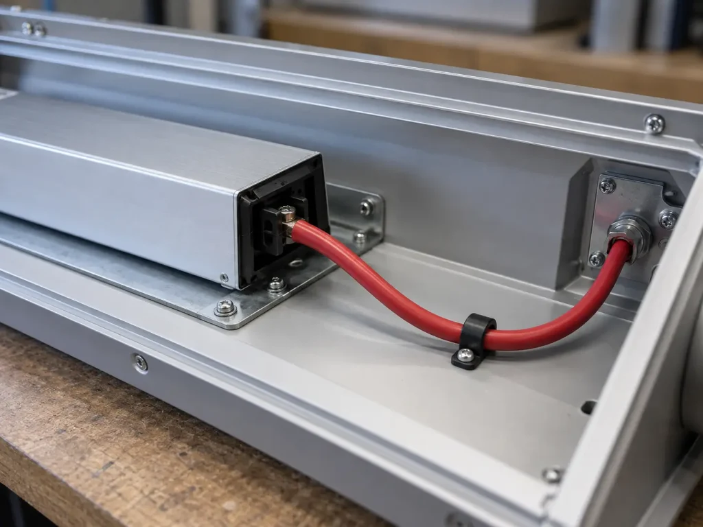 UL 1332 12 AWG FEP wire routed as internal lead wiring near a driver module inside lighting equipment enclosure