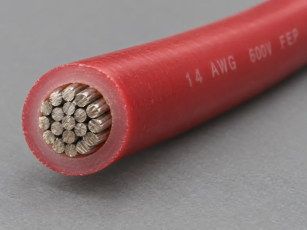 Macro cross-section of UL 1332 14 AWG FEP wire showing stranded conductor and extruded FEP wall