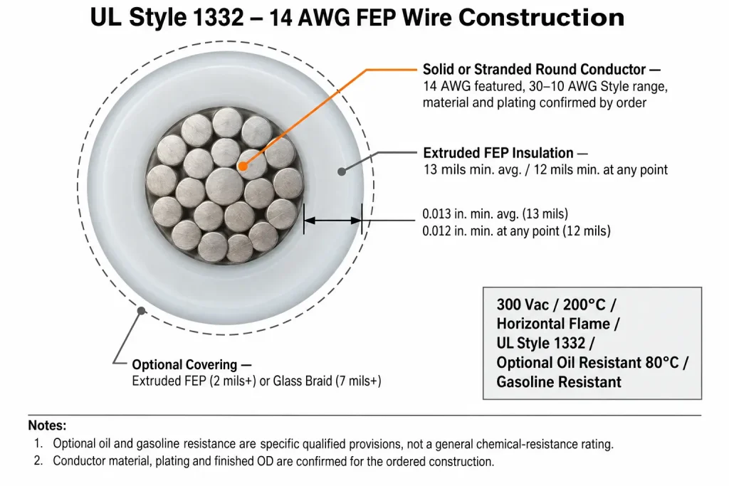 UL Style 1332 14 AWG FEP wire cross-section diagram showing conductor, 13 mil FEP insulation, and optional covering