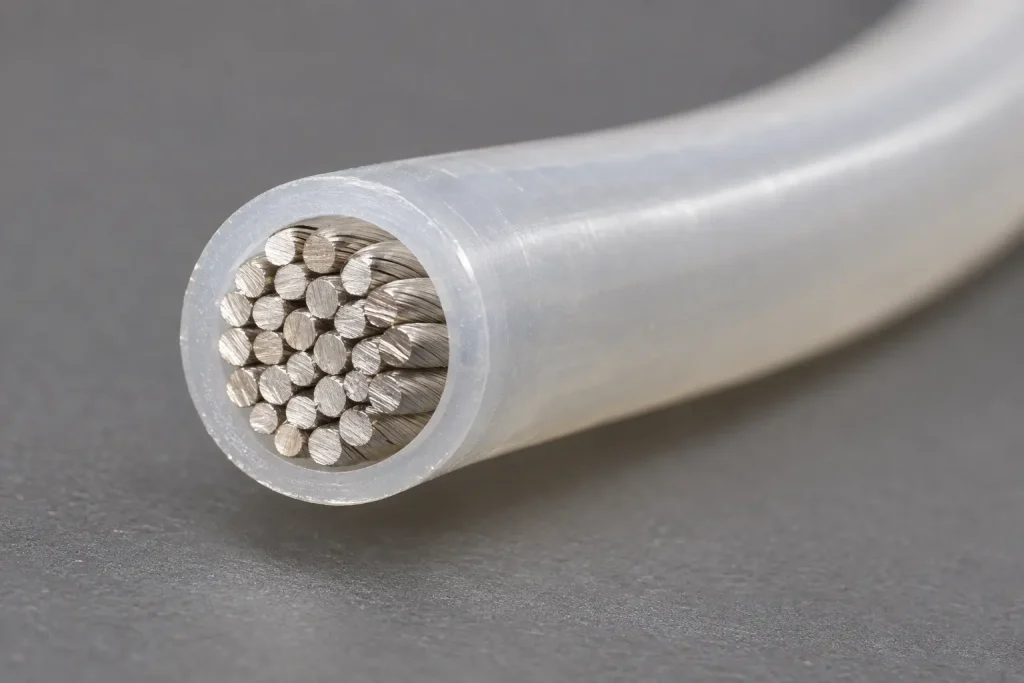 Macro cross-section of UL 1332 16 AWG FEP wire showing stranded conductor and extruded FEP wall