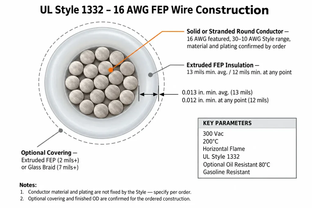 UL Style 1332 16 AWG FEP wire cross-section diagram showing conductor, 13 mil FEP insulation, and optional covering
