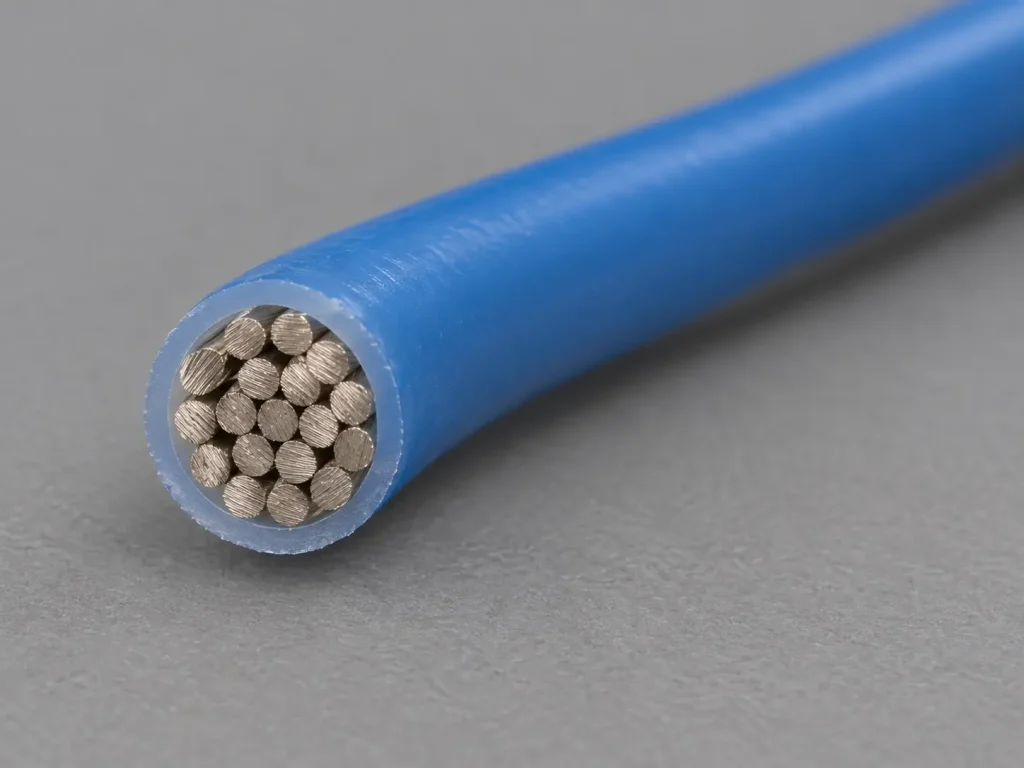 Macro cross-section of UL 1332 18 AWG FEP wire showing stranded conductor and thin extruded FEP wall