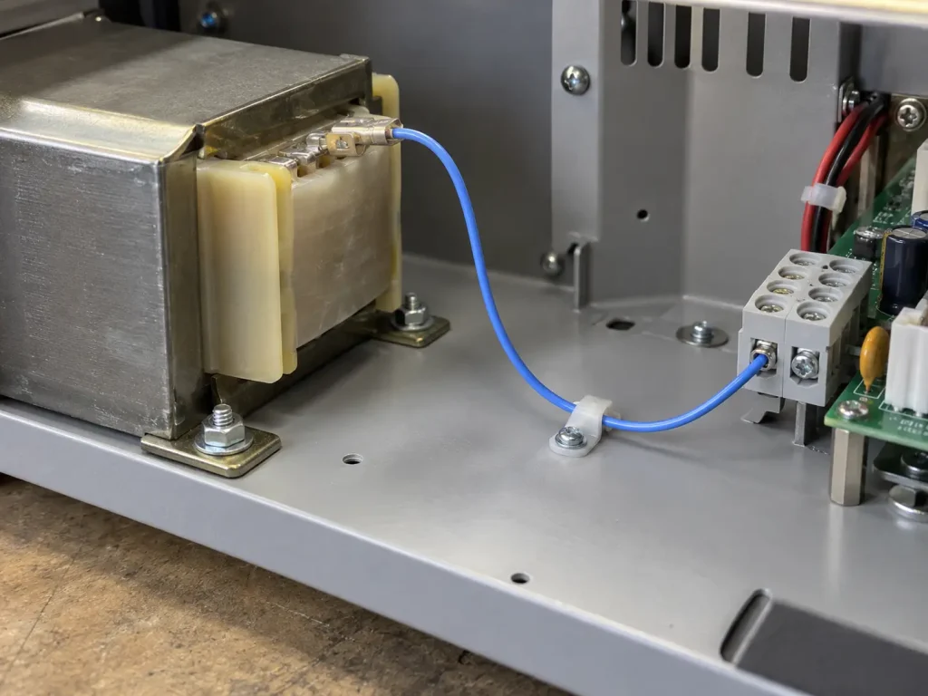 UL 1332 18 AWG FEP wire routed as transformer lead connection inside appliance internal wiring assembly