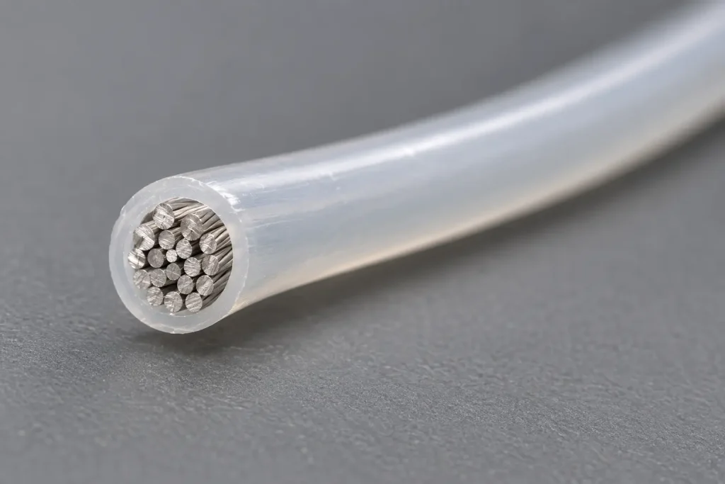 Macro cross-section of UL 1332 20 AWG FEP wire showing stranded conductor and thin extruded FEP wall
