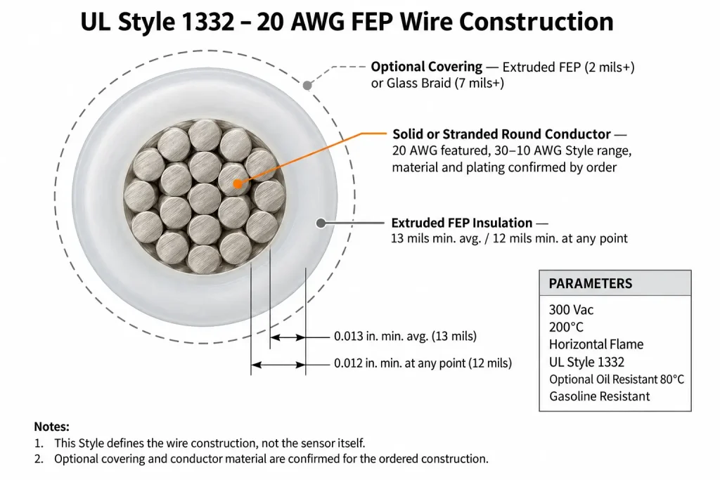 UL Style 1332 20 AWG FEP wire cross-section diagram showing conductor, 13 mil FEP insulation, and optional covering