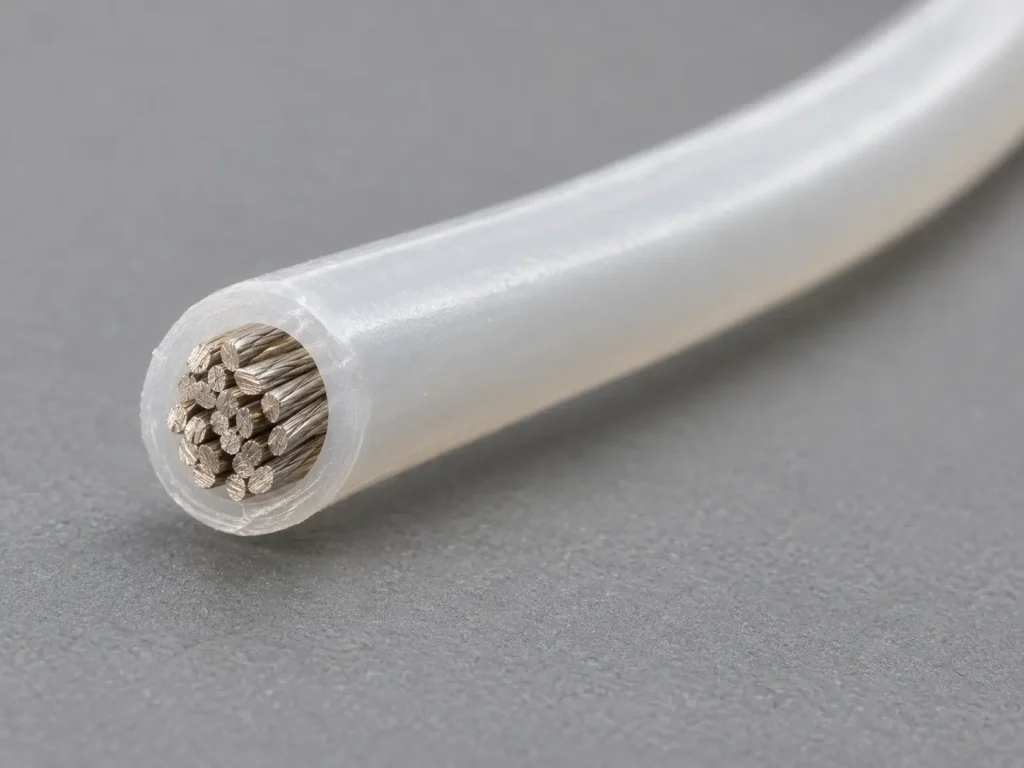 Macro cross-section of UL 1332 22 AWG FEP wire showing fine stranded conductor and thin extruded FEP wall