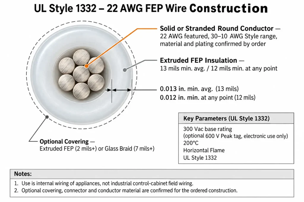 UL Style 1332 22 AWG FEP wire cross-section diagram showing conductor, 13 mil FEP insulation, and optional coveri