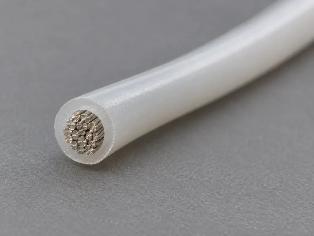 Macro cross-section of UL 1332 24 AWG FEP wire showing fine stranded conductor and thin extruded FEP wall