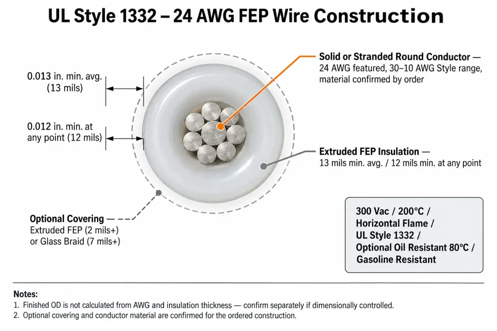 UL Style 1332 24 AWG FEP wire cross-section diagram showing conductor, 13 mil FEP insulation, and optional covering