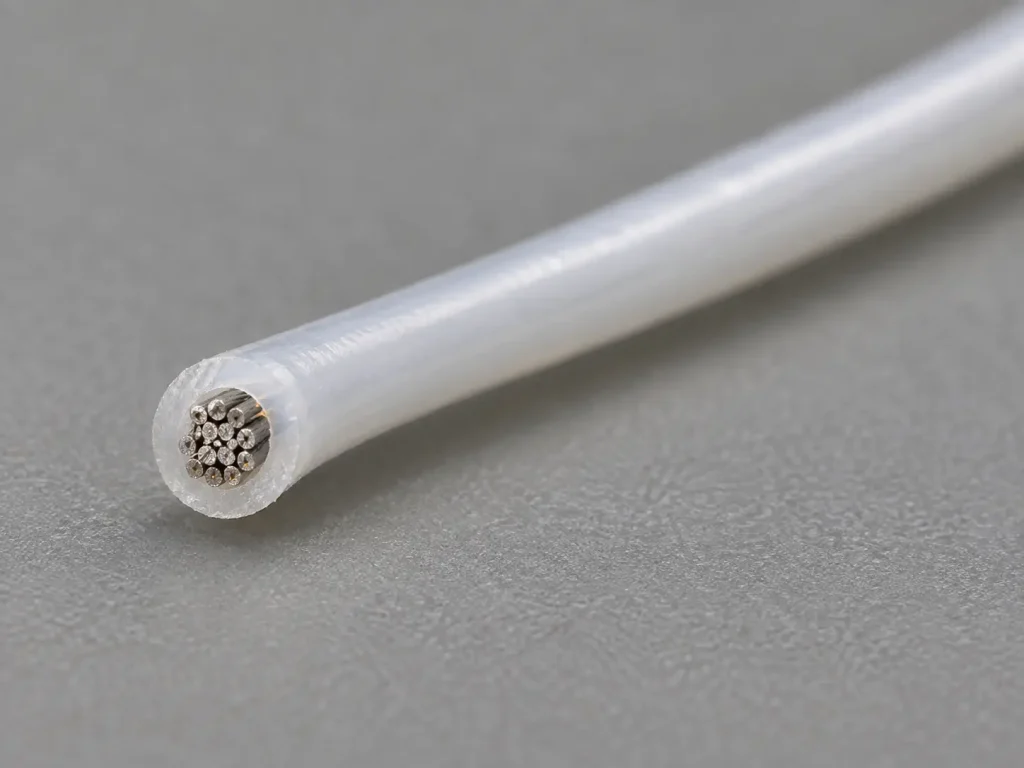 Macro cross-section of UL 1332 26 AWG FEP wire showing fine stranded conductor and thin extruded FEP wall