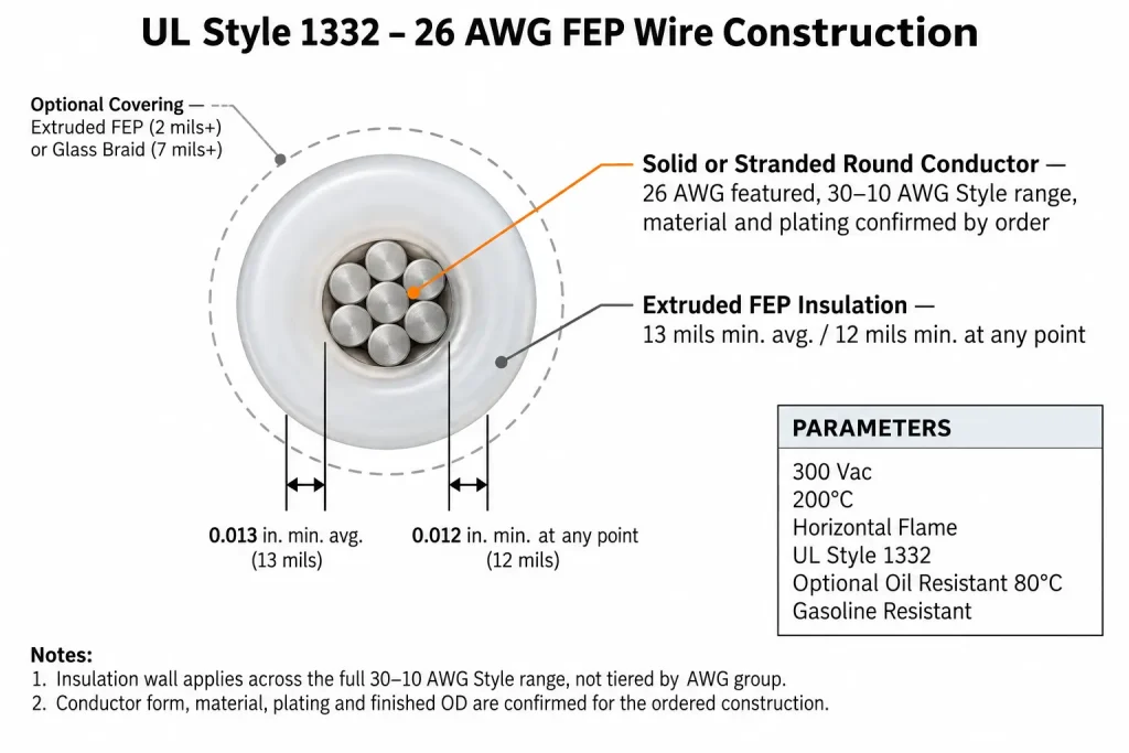 UL Style 1332 26 AWG FEP wire cross-section diagram showing conductor, 13 mil FEP insulation, and optional covering