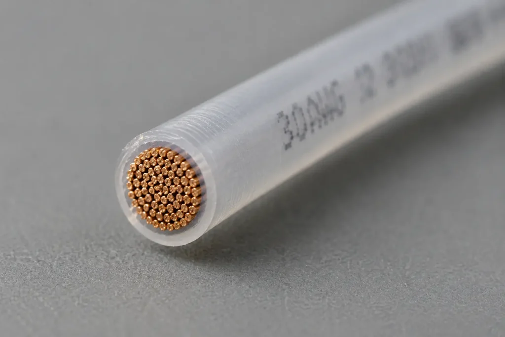 Macro cross-section of UL 1332 30 AWG FEP insulated wire showing fine stranded conductor and thin fluoropolymer wall