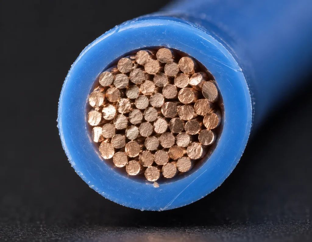 Macro cross-section of UL 1569 wire showing the thin extruded PVC insulation wall over the conductor