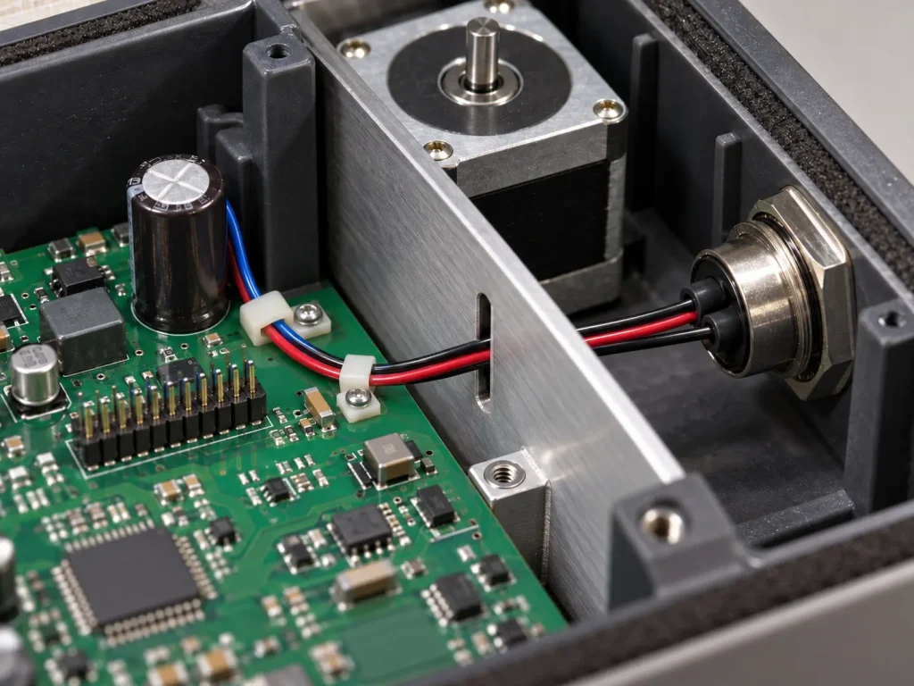 UL 1569 PVC leads in fixed internal routing through a constrained clearance inside a compact electronic enclosure