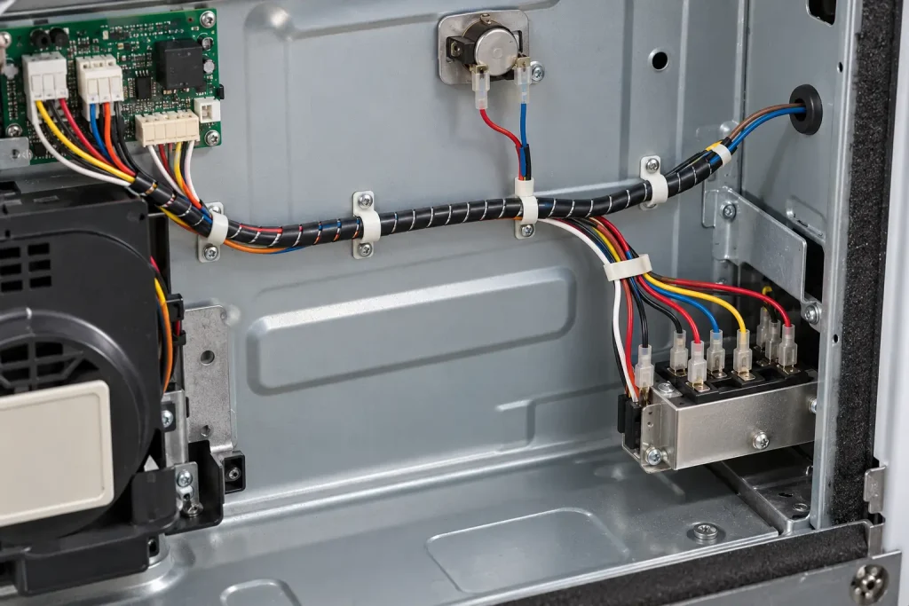UL 1569 PVC leads grouped as a fixed internal harness routed inside an appliance enclosure