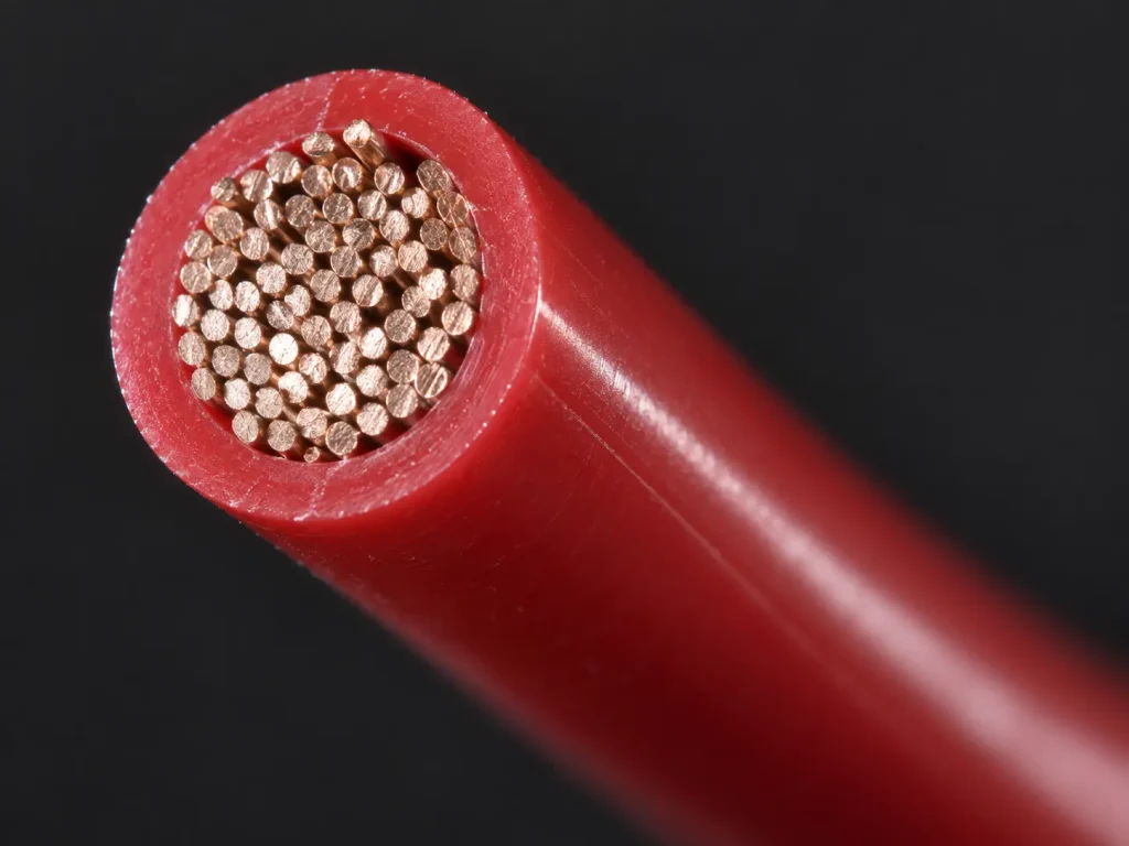 Macro view of a UL 1569 PVC insulated conductor cut end showing the base insulation over the conductor