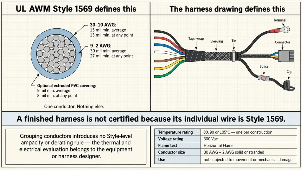 Diagram separating the UL 1569 single-conductor scope from the terminals connectors and geometry of a finished harness