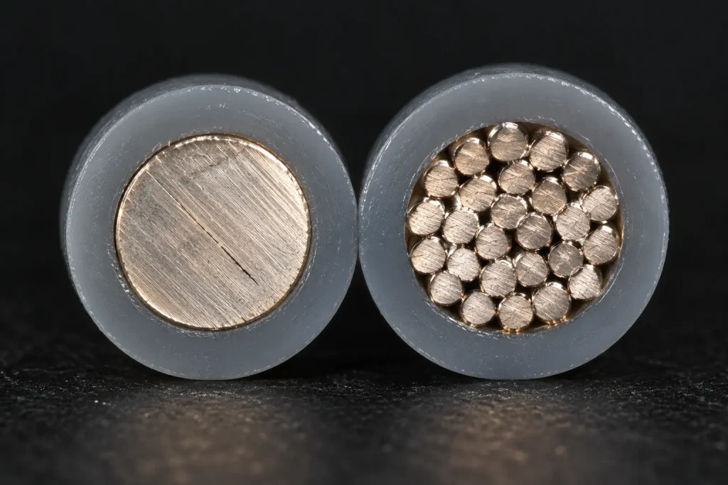 Macro comparison of solid and stranded UL 1569 conductors showing how construction affects overall diameter at the same wall requirement