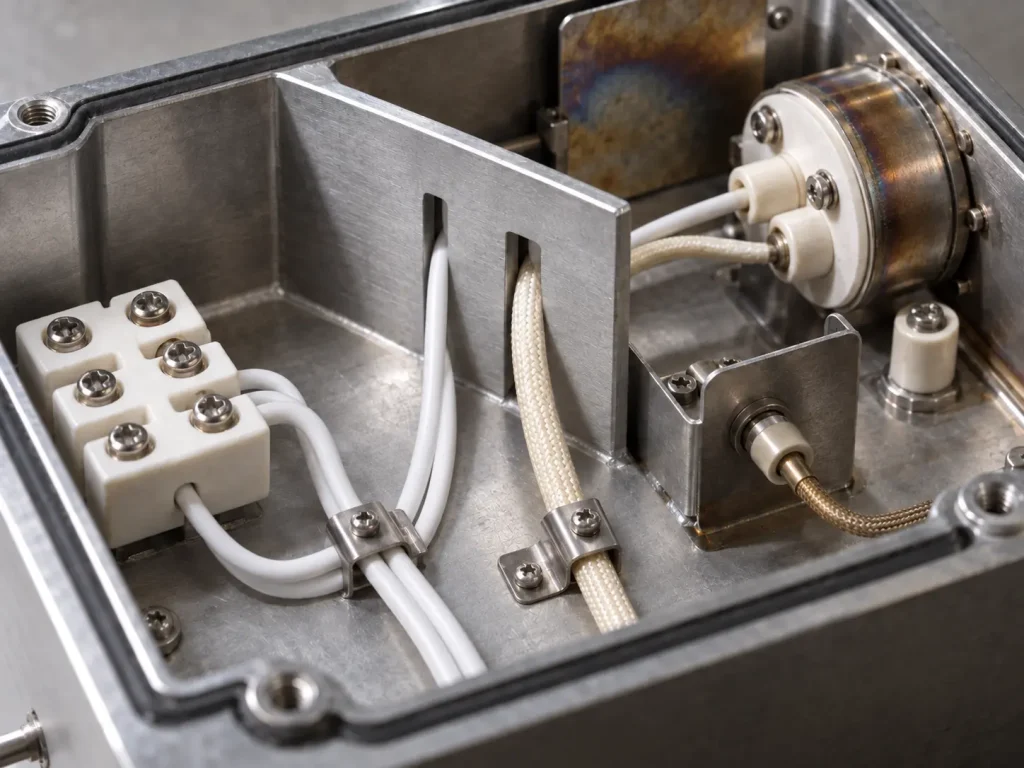 UL 1659 PTFE TFE leads routed through controlled clearances inside a compact high-temperature electrical assembly