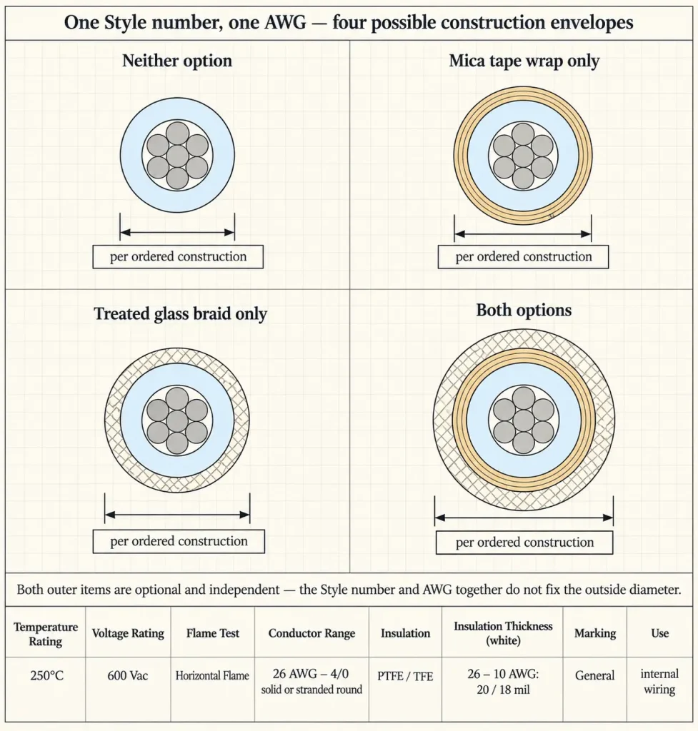 Diagram of four UL 1659 construction envelopes at one AWG with and without the optional mica tape and treated glass braid