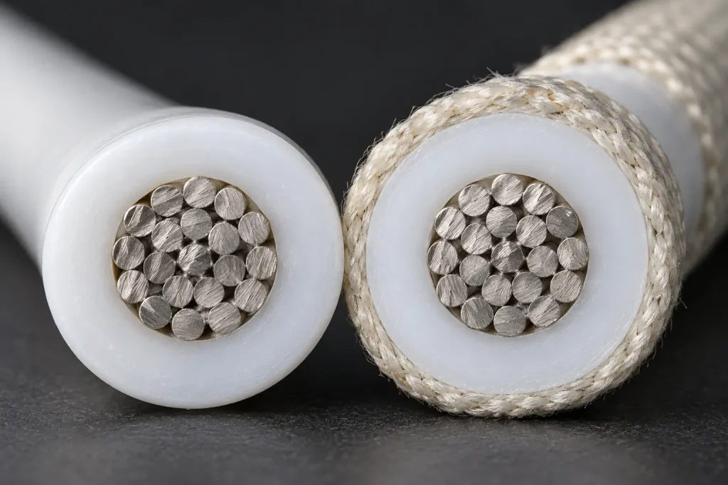 Macro comparison of UL 1659 wire with plain PTFE TFE insulation and with the optional treated glass braid