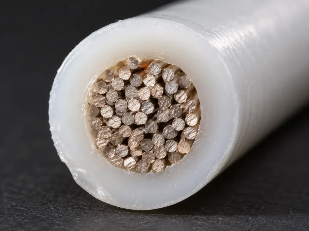 Macro view of a UL 1659 PTFE TFE insulated conductor cut end showing the extruded insulation over the conductor