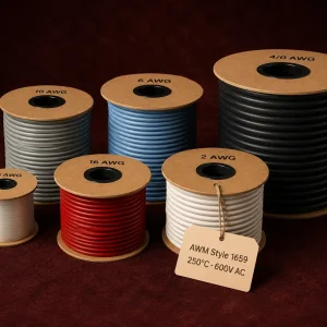 UL AWM Style 1659 PTFE wire, 250°C, 600V AC, 26 AWG to 4/0 AWG, multiple insulation colour spools