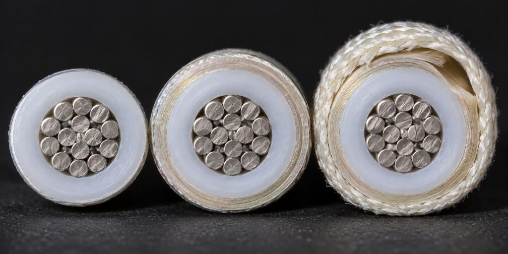 Macro comparison of UL 1659 wires at the same AWG showing different overall diameters from optional outer constructions