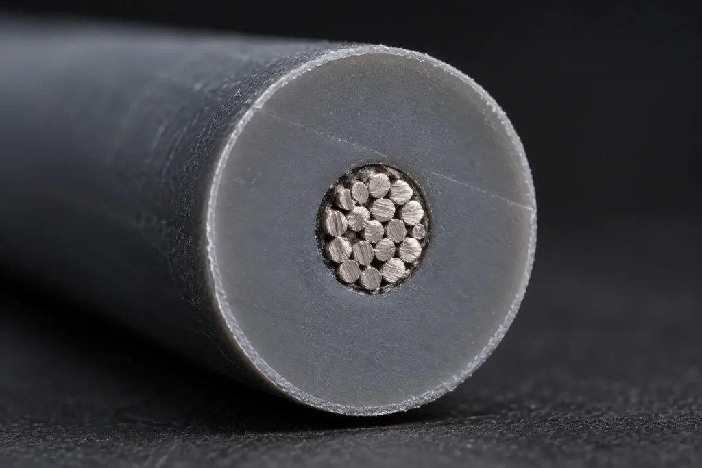 Macro view of a UL 1911 high voltage lead cut end showing the conductor within its insulation