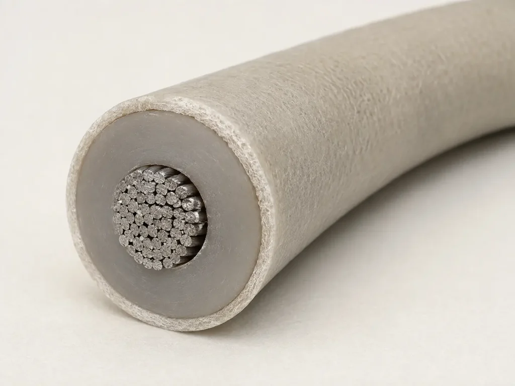 Macro cross-section of UL 3071 18 AWG wire showing stranded conductor, silicone insulation, and outer covering layer