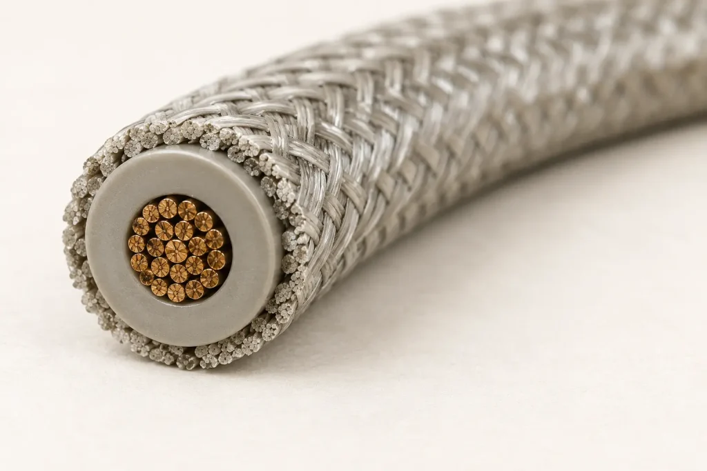 Macro cross-section of UL 3122 16 AWG silicone wire showing stranded conductor, silicone insulation and braid layer