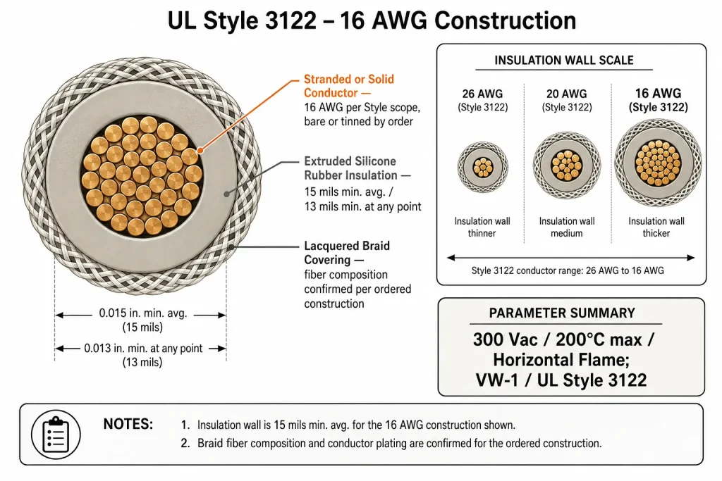 UL Style 3122 16 AWG silicone wire cross-section diagram showing conductor, silicone insulation and lacquered braid layers