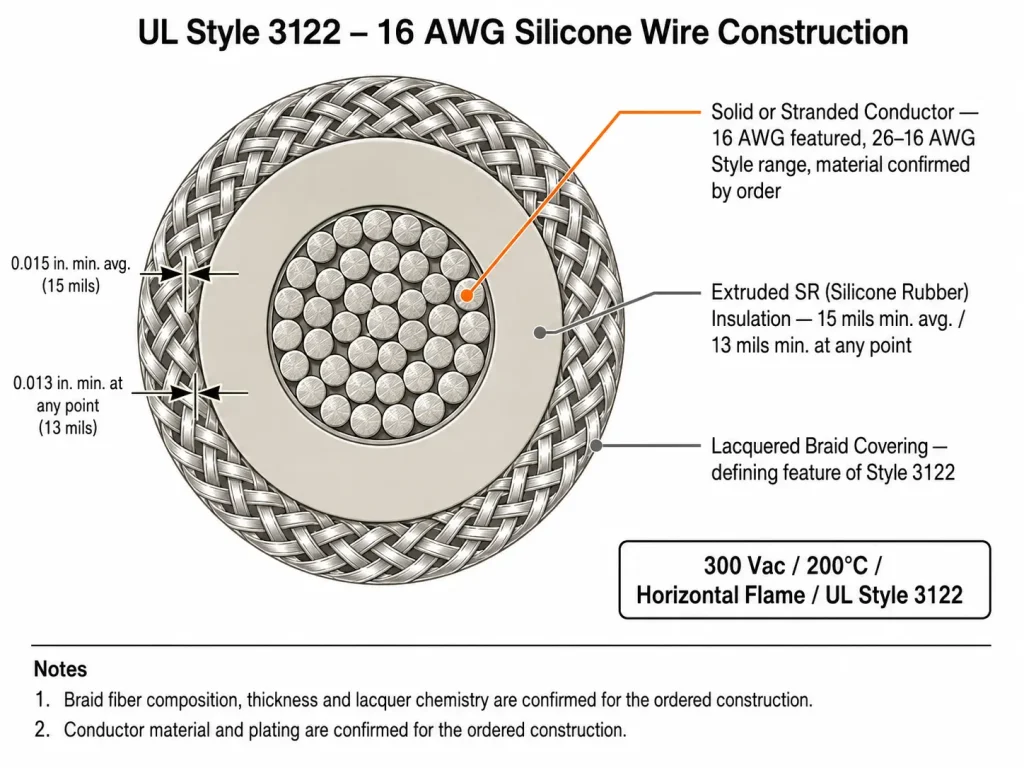UL Style 3122 16 AWG wire cross-section diagram showing conductor, 15 mil SR insulation, and lacquered braid covering
