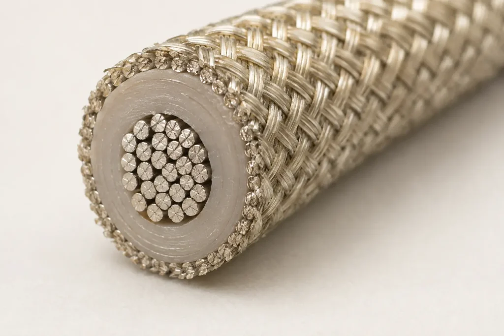 Macro cross-section of UL 3122 16 AWG wire showing stranded conductor, silicone insulation, and lacquered braid layer
