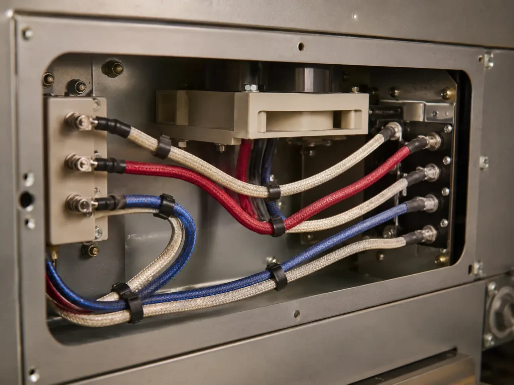 UL 3122 16 AWG silicone wire with lacquered braid installed as internal wiring inside high-temperature equipment