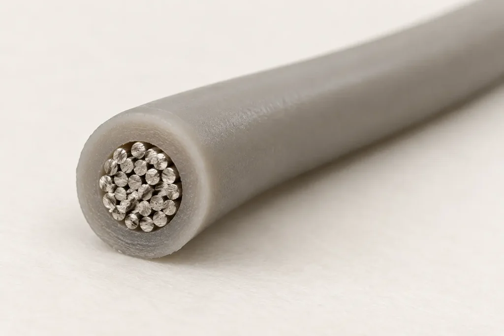 Macro cross-section of UL 3135 24 AWG silicone wire showing stranded conductor and extruded SR insulation wall