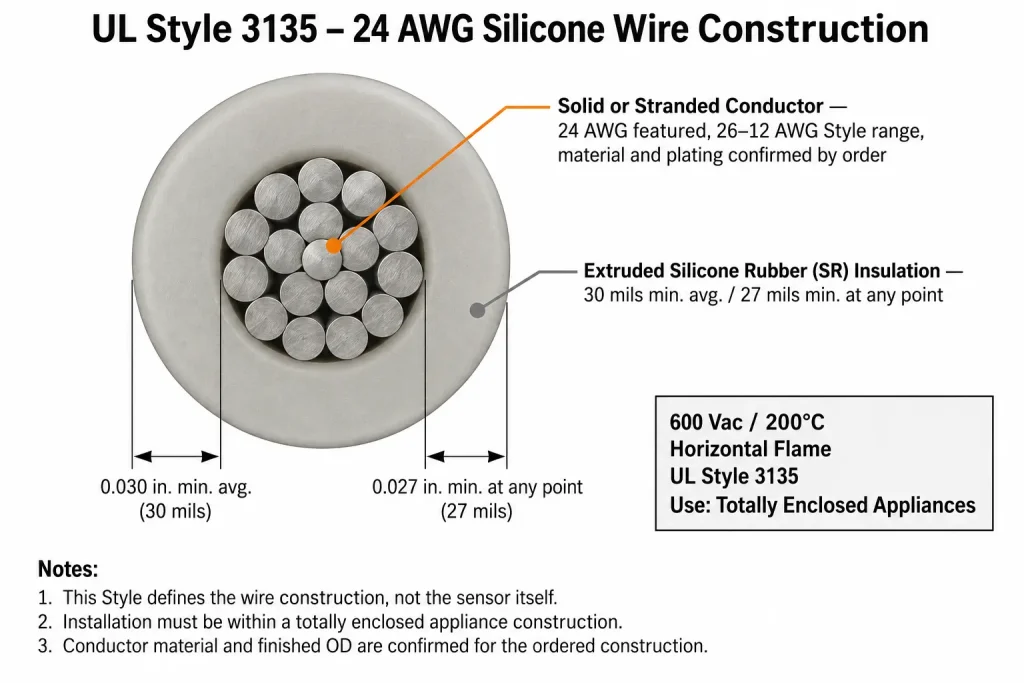 UL Style 3135 24 AWG silicone wire cross-section diagram showing conductor and 30 mil SR insulation wall