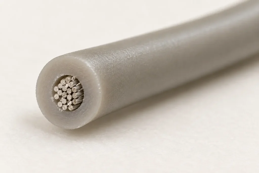 Macro cross-section of UL 3135 26 AWG silicone wire showing fine stranded conductor and extruded SR insulation wall